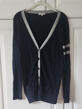 Vince Light Weight Navy Cardigan with Gray Trim and Sleeve Stripes